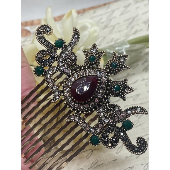 Vintage Style Victorian Ruby Emerald Rhinestone Hair Comb Gold Medieval 3 inch l - Picture 5 of 8